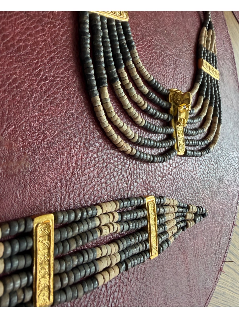 Nagaland Tribal Gold Accent Brown and Beige Beaded Necklace and Bracelet Set